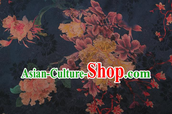 China Classical Cheongsam Peony Pattern Brocade Navy Gambiered Guangdong Gauze Traditional Silk Fabric