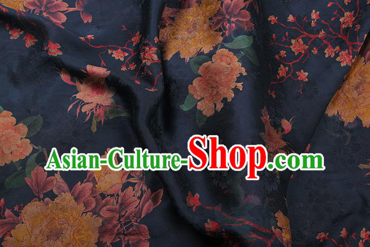 China Classical Cheongsam Peony Pattern Brocade Navy Gambiered Guangdong Gauze Traditional Silk Fabric