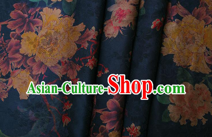 China Classical Cheongsam Peony Pattern Brocade Navy Gambiered Guangdong Gauze Traditional Silk Fabric