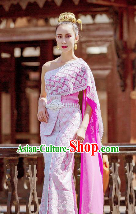 Asian Thai Folk Dance Clothing Traditional Thailand Court Princess Rosy Dress Uniforms
