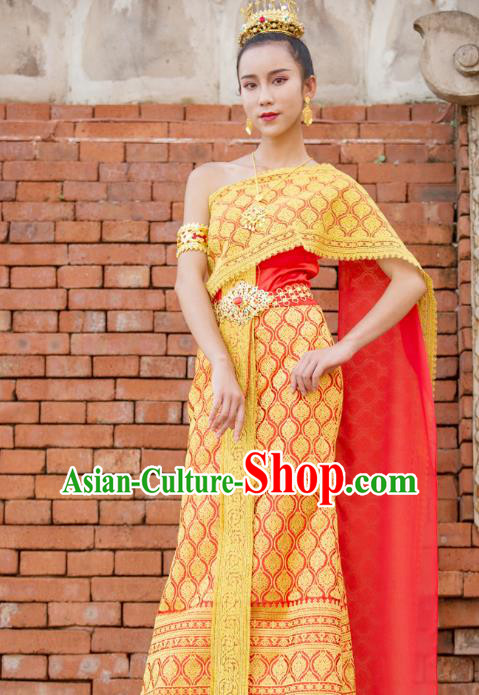 Traditional Thailand Court Princess Yellow Dress Uniforms Asian Thai Folk Dance Clothing