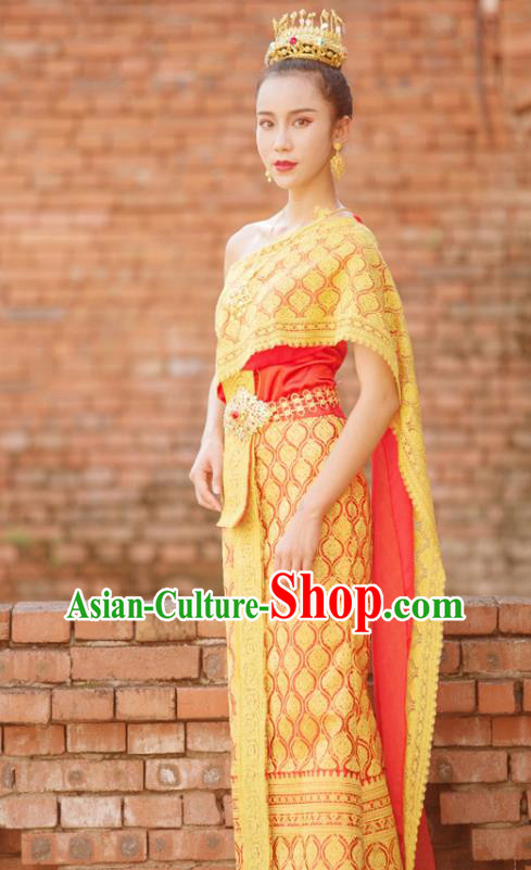 Traditional Thailand Court Princess Yellow Dress Uniforms Asian Thai Folk Dance Clothing