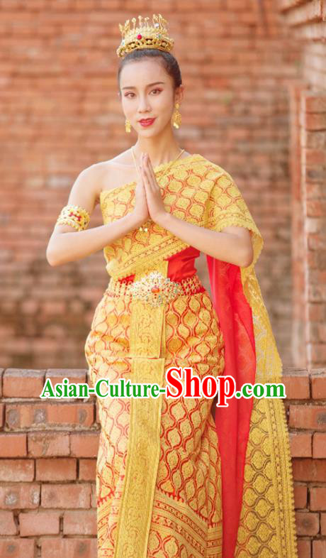 Traditional Thailand Court Princess Yellow Dress Uniforms Asian Thai Folk Dance Clothing