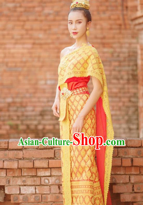 Traditional Thailand Court Princess Yellow Dress Uniforms Asian Thai Folk Dance Clothing
