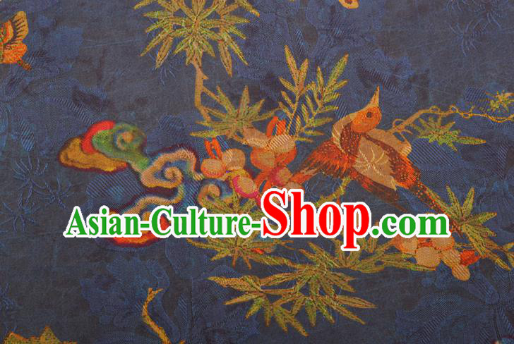 China Classical Cheongsam Birds Pattern Brocade Traditional Silk Fabric Blue Gambiered Guangdong Gauze