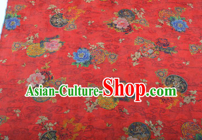China Classical Wedding Dress Red Brocade Traditional Peony Pattern Gambiered Guangdong Gauze Silk Fabric