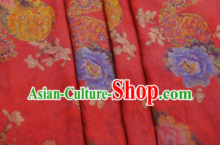 China Classical Wedding Dress Red Brocade Traditional Peony Pattern Gambiered Guangdong Gauze Silk Fabric