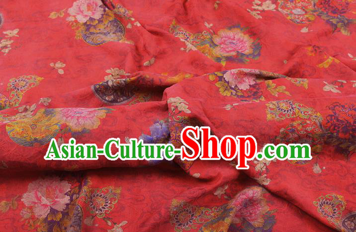 China Classical Wedding Dress Red Brocade Traditional Peony Pattern Gambiered Guangdong Gauze Silk Fabric