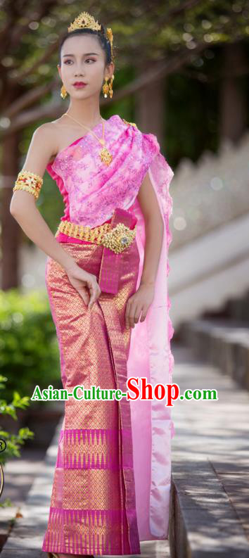 Asian Thai Princess Consort Dress Clothing Traditional Thailand Performance Blouse and Rosy Brocade Skirt Uniforms