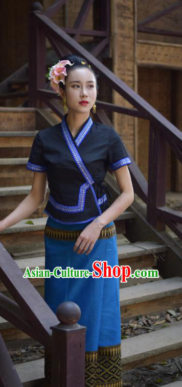 China Dai Nationality Clothing Yunnan Ethnic Water Sprinkling Festival Navy Blouse and Blue Skirt Uniforms