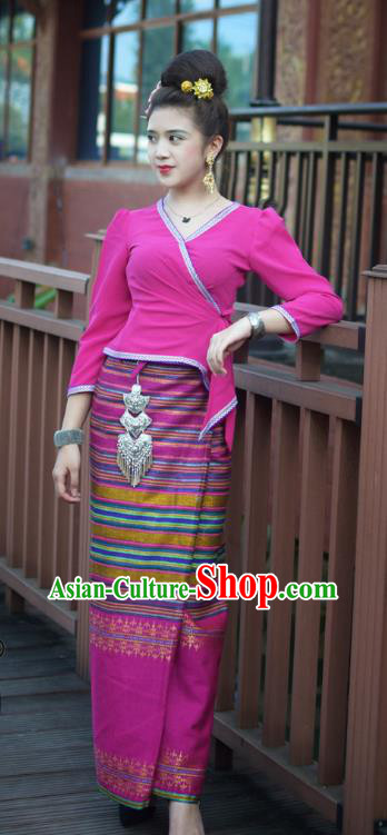 China Yunnan Ethnic Folk Dance Rosy Blouse and Skirt Uniforms Dai Nationality Informal Clothing