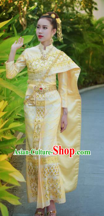 Asian Thai Court Consort Dress Clothing Traditional Thailand Performance Light Yellow Blouse and Skirt Uniforms