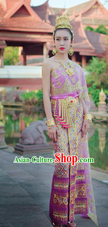 Asian Thai Folk Dance Dress Clothing Traditional Thailand Court Consort Purple Blouse and Skirt Uniforms