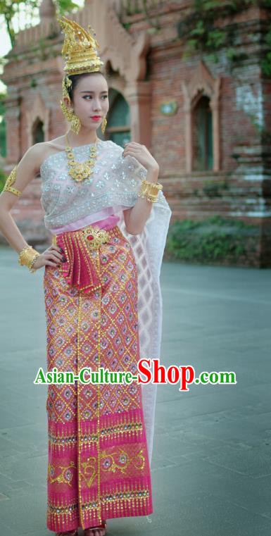 Asian Thai Wedding Woman Dress Clothing Traditional Thailand Court Consort Blouse and Embroidery Rosy Skirt Uniforms