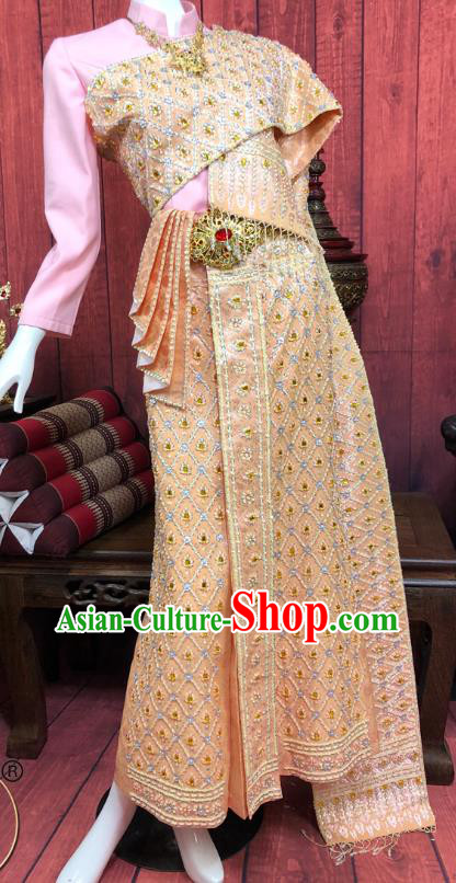 Asian Thai Princess Dress Clothing Traditional Thailand Court Consort Pink Blouse and Embroidery Golden Skirt Uniforms