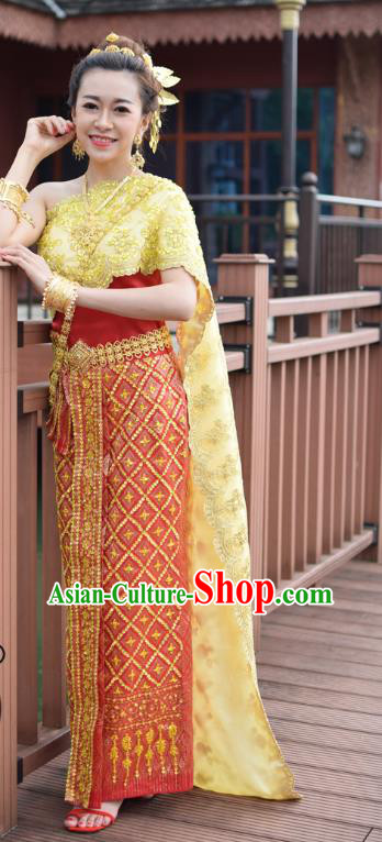 Asian Thai Wedding Imperial Concubine Dress Clothing Traditional Thailand Bride Red Top and Skirt Uniforms