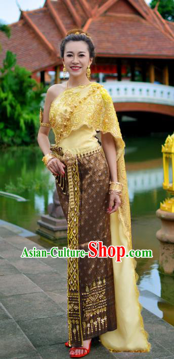 Asian Thai Wedding Bride Dress Clothing Traditional Thailand Young Woman Yellow Top and Brown Skirt Uniforms