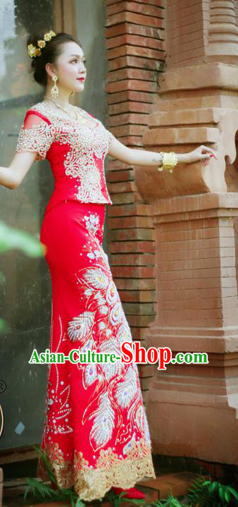 Asian Thai Bride Dress Clothing Traditional Thailand Wedding Embroidery Red Blouse and Skirt Uniforms