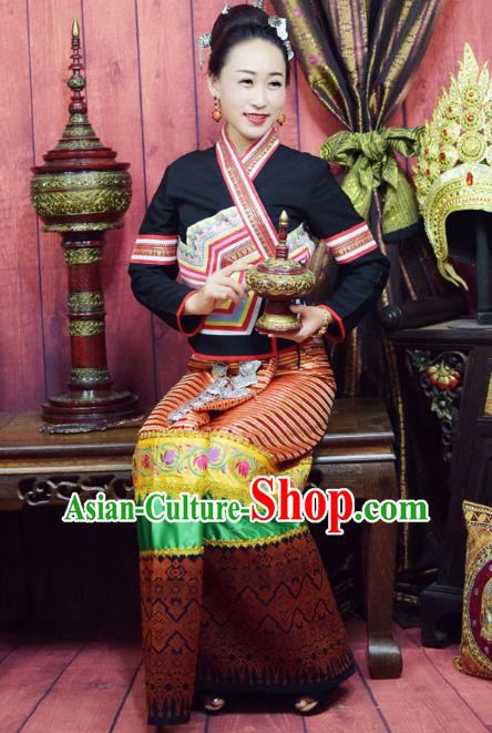 China Yunnan Ethnic Water Splashing Festival Black Blouse and Skirt Uniforms Dai Nationality Female Clothing