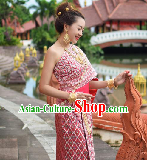 Traditional Thailand Rosy Blouse and Skirt Bride Dress Clothing Asian Thai Wedding Uniforms