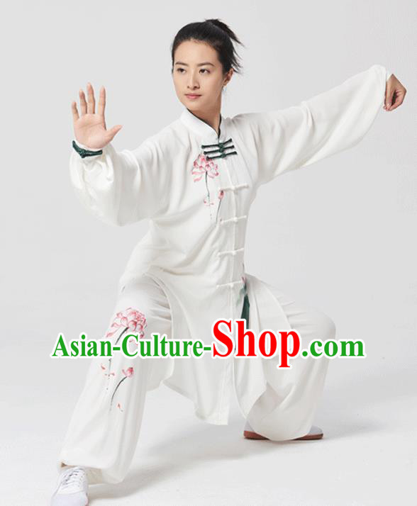 China Tai Chi Painting Lotus Costumes Traditional Kung Fu White Flax Uniforms