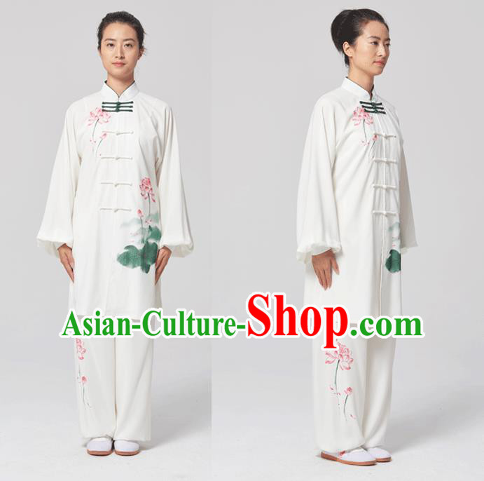 China Tai Chi Painting Lotus Costumes Traditional Kung Fu White Flax Uniforms