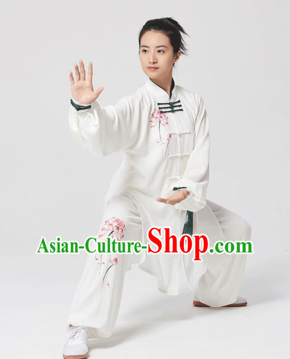 China Tai Chi Painting Lotus Costumes Traditional Kung Fu White Flax Uniforms