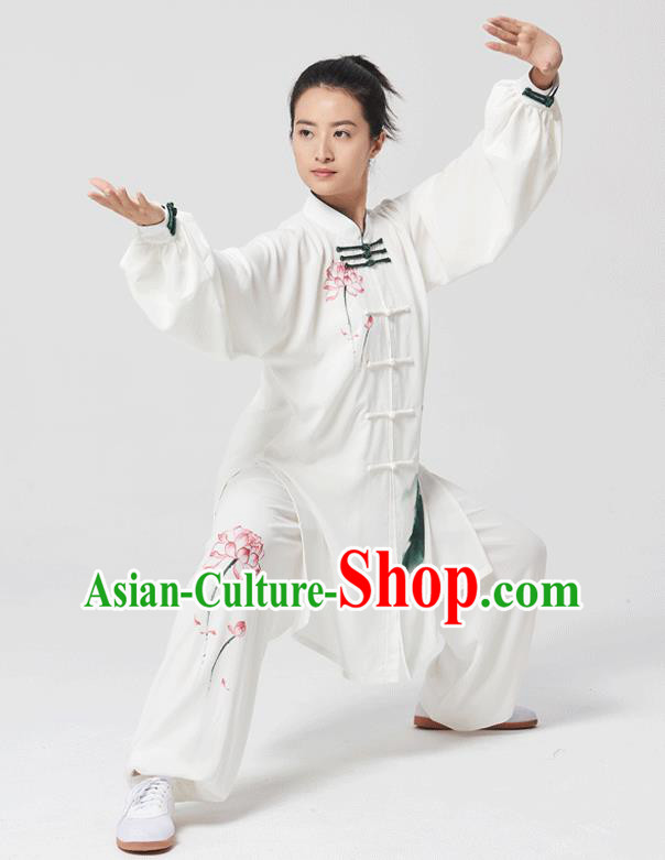 China Tai Chi Painting Lotus Costumes Traditional Kung Fu White Flax Uniforms