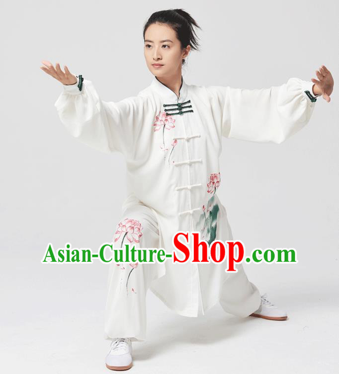 China Tai Chi Painting Lotus Costumes Traditional Kung Fu White Flax Uniforms