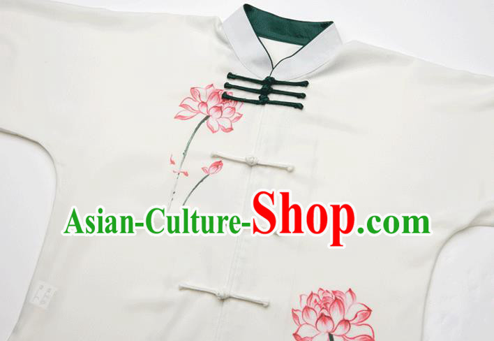 China Tai Chi Painting Lotus Costumes Traditional Kung Fu White Flax Uniforms