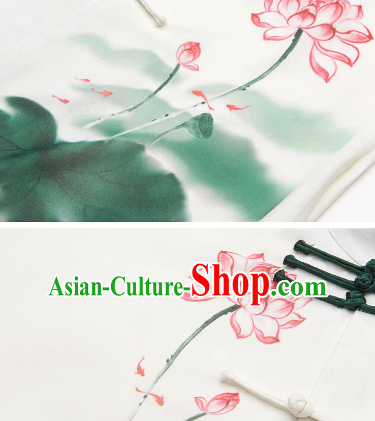 China Tai Chi Painting Lotus Costumes Traditional Kung Fu White Flax Uniforms