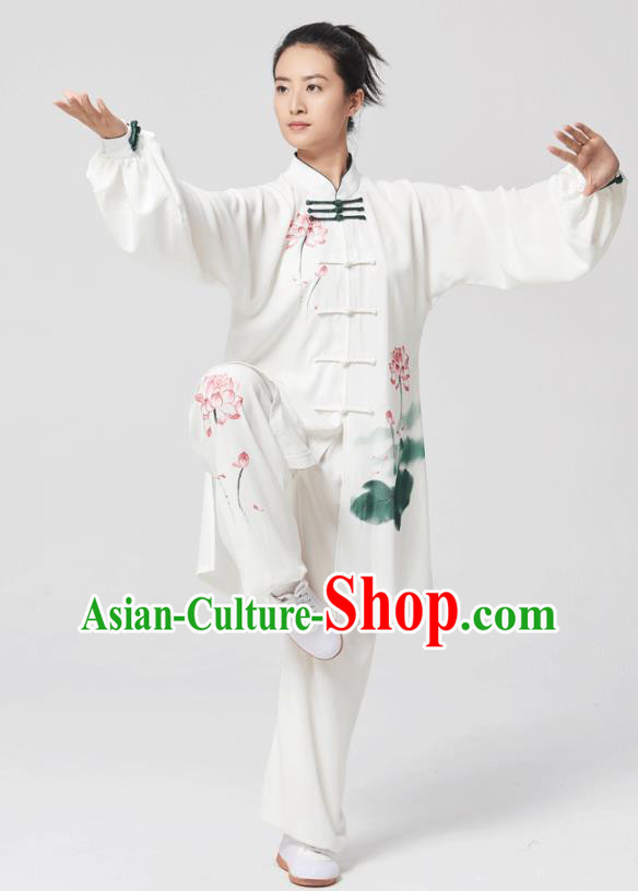 China Tai Chi Painting Lotus Costumes Traditional Kung Fu White Flax Uniforms
