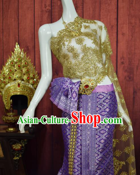 Traditional Thailand Bride Dress Clothing Asian Thai Wedding Uniforms Blouse and Purple Skirt