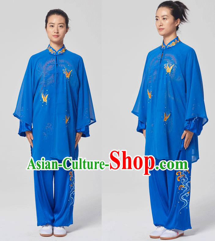 China Traditional Kung Fu Embroidered Phoenix Royalblue Uniforms Tai Chi Three Pieces Costumes