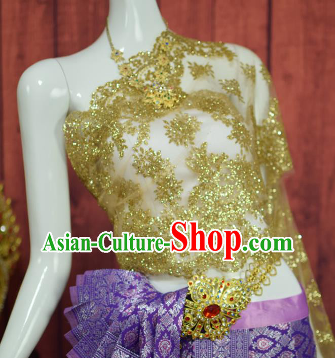 Traditional Thailand Bride Dress Clothing Asian Thai Wedding Uniforms Blouse and Purple Skirt
