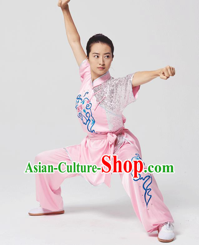 China Traditional Kung Fu Competition Pink Uniforms Tai Chi Martial Arts Costumes