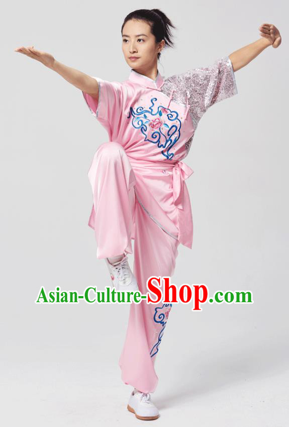 China Traditional Kung Fu Competition Pink Uniforms Tai Chi Martial Arts Costumes