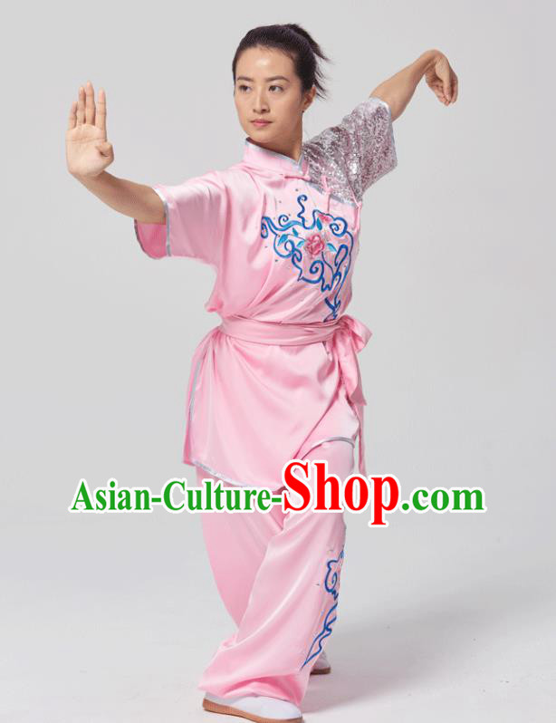 China Traditional Kung Fu Competition Pink Uniforms Tai Chi Martial Arts Costumes