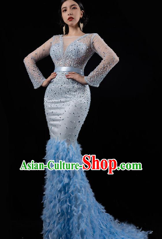 Top Grade Compere Stage Performance Dress Costume Catwalks Blue Feather Trailing Dress