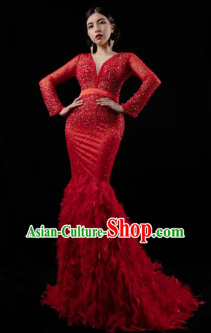 Top Grade Catwalks Red Feather Trailing Dress Compere Stage Performance Dress Costume