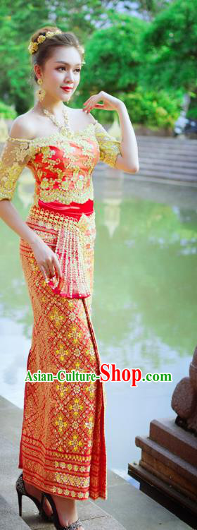 Asian Thai Wedding Uniforms Court Woman Dress Clothing Traditional Thailand Embroidery Off Shoulder Blouse and Red Skirt