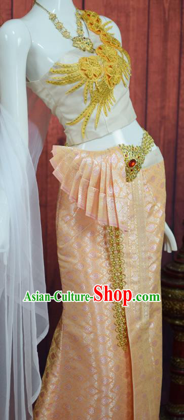 Asian Thai Wedding Bride Uniforms Embroidery White Blouse and Champagne Skirt Traditional Thailand Court Dress Clothing