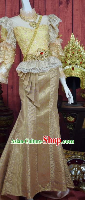 Traditional Thailand Court Dress Clothing Asian Thai Wedding Bride Uniforms Embroidery Lace Blouse and Golden Skirt