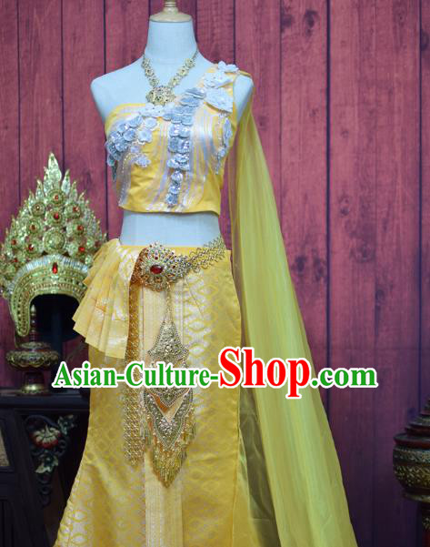 Traditional Thailand Embroidery Blouse and Yellow Skirt Court Dress Clothing Asian Thai Wedding Bride Uniforms
