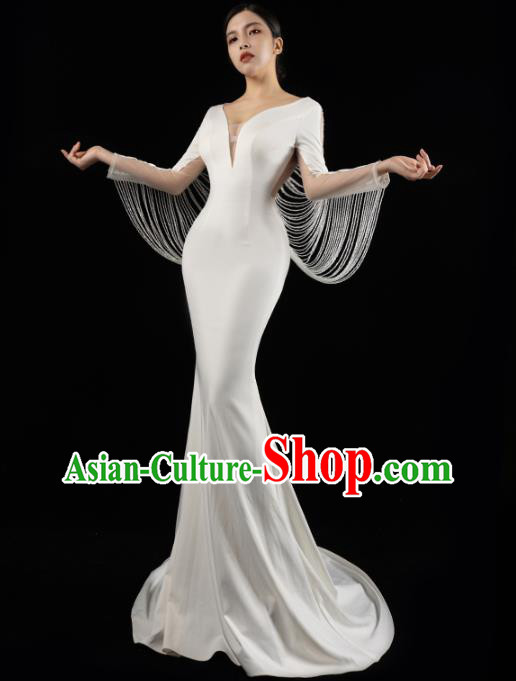 Top Grade Catwalks White Satin Fishtail Dress Stage Performance Costume Annual Meeting Compere Beads Tassel Full Dress