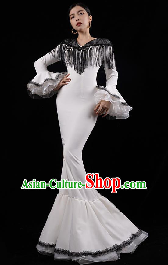 Top Grade Annual Meeting Compere Full Dress Stage Performance Costume Catwalks White Fishtail Dress