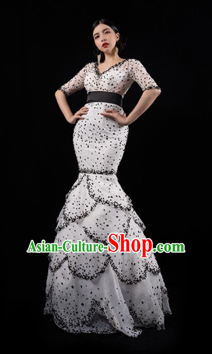 Top Grade Stage Performance Costume Catwalks White Fishtail Dress Annual Meeting Compere Layered Full Dress