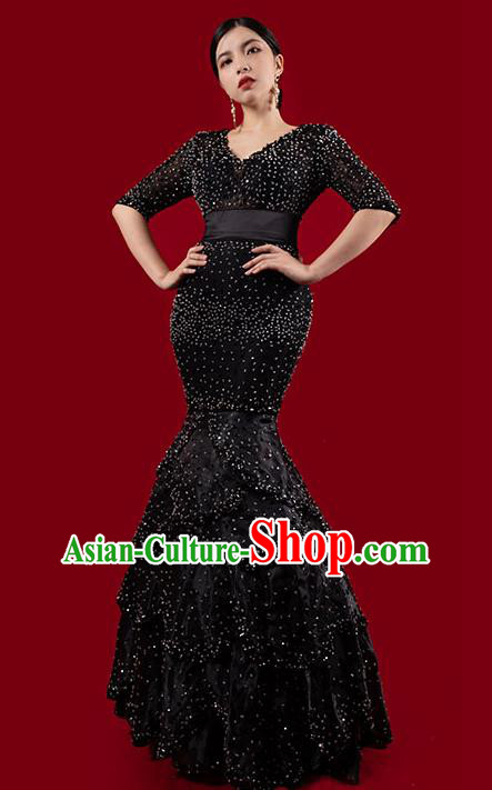 Top Grade Catwalks Black Fishtail Dress Annual Meeting Compere Layered Full Dress Stage Performance Costume