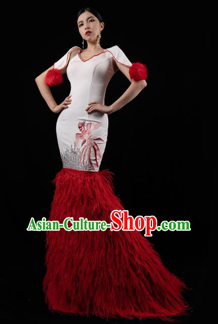 Top Grade Catwalks Red Feather Fishtail Dress Annual Meeting Compere Full Dress Stage Show Clothing