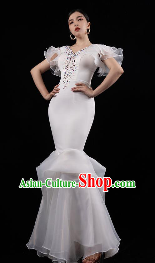 Top Grade Annual Meeting Compere Full Dress Stage Show Clothing Catwalks White Fishtail Dress